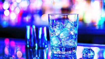Ice-filled glass at a vibrant bar
