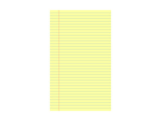Yellow legal pad with blue horizontal lines and red vertical margins.