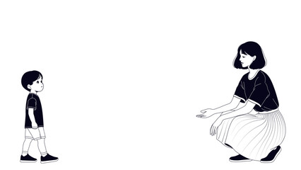 Minimalist black and white silhouette of mother reaching out to her young son. Wide horizontal 16:9 composition with space for text. Perfect for parenting, family support, education, child psychology.