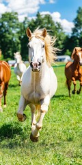 Obraz premium A group of horses runs freely across a lush green field under a bright blue sky.