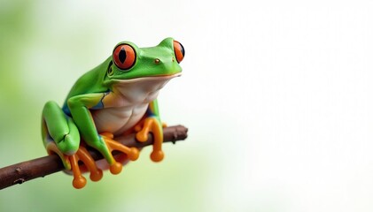 Green tree frog perched on white, vibrant colors, studio, skin, texture