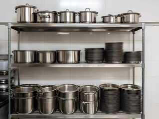 Organized stainless steel cookware displayed on shelves in a professional kitchen.
