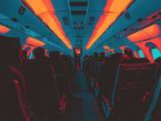 Vibrant interior of an airplane showcasing rows of seats and cabin lighting.