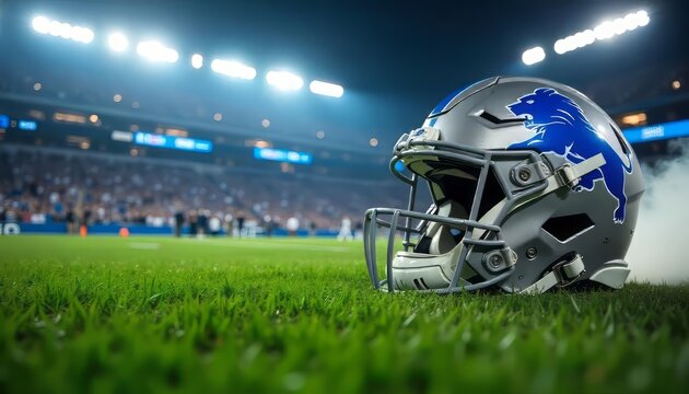 Football Helmet on Grass at Stadium