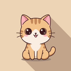 Obraz premium Cute cartoon cat with big eyes sitting on a light background 