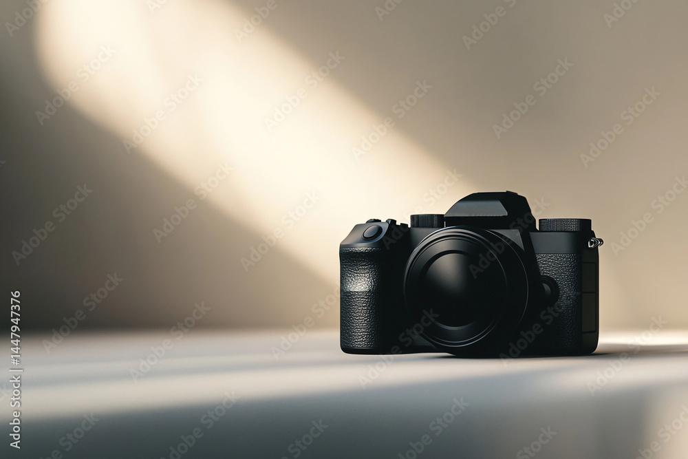 Poster black camera on beige background, illuminated by soft light, showcasing a minimalist product display