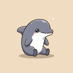 Naklejka premium Cute cartoon dolphin sitting with a joyful expression on a neutral background 