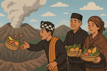 Flat vector of Kasada ritual at Mount Bromo with Tenggerese people throwing offerings
