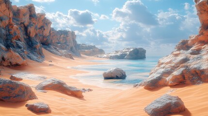 Secluded cove with orange sand, turquoise water, and dramatic rock formations under a bright, cloudy sky.