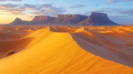 Naklejka premium Golden desert dunes at sunset with majestic mountains in the background.