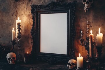 Gothic Candlelit Scene Featuring Empty Black Frame With Skulls Ornate Candles and a Textured Dark Wall for an Atmospheric Mockup Design