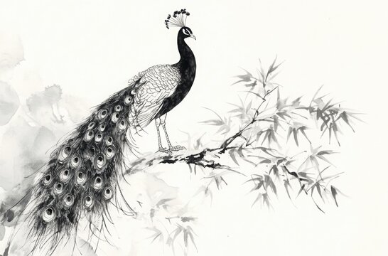 Traditional Chinese ink painting of a peacock on a pure white background