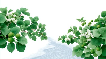 Obraz premium Fresh green leaves with delicate white flowers.