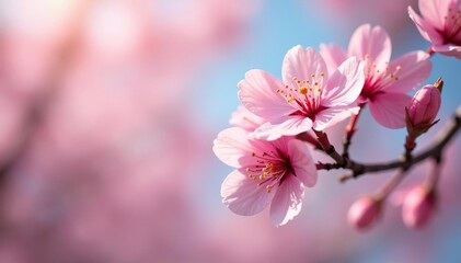 Obraz premium Delicate pink sakura blossoms, full bloom, soft petals , wallpaper, print, romantic