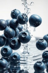 Blueberries cascade with water in a refreshing, close-up still life showcasing vibrant color & crisp texture.