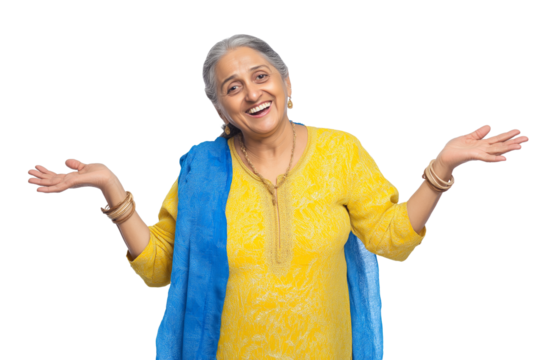 smiling senior woman with her arms open in gesture of welcome or acceptance isolated on white transparent background