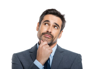 contemplative businessman looking upwards while contemplating decision or idea isolated on white transparent background
