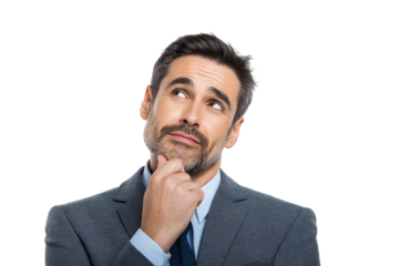 contemplative businessman looking upwards while contemplating decision or idea isolated on white transparent background