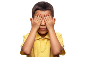 young boy covers his eyes with his hands isolated on white transparent background
