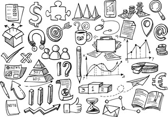 Hand-drawn business doodle set. Vector illustration of business elements in doodle style.