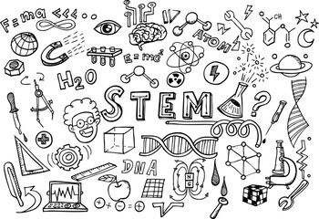 "STEM" hand-drawn sketch set,Science education doodles illustration.