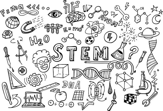 "STEM" hand-drawn sketch set,Science education doodles illustration.