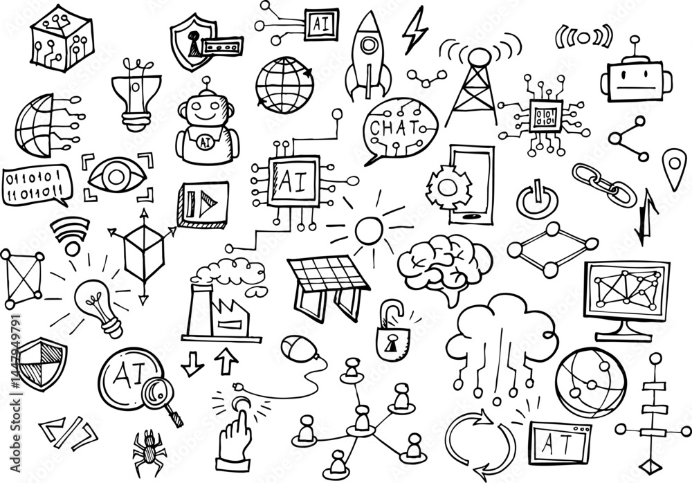 Fototapete generative artificial intelligence related doodles hand-drawn sketch set.