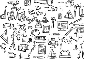 Construction tools doodle icons. Hand-drawn vector illustration on white background.