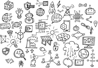 Generative artificial intelligence related doodles hand-drawn sketch set.