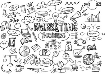 Vector set of hand-drawn marketing and business doodle icons. Outline clipart collection of marketing symbols and elements.
