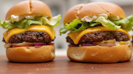 Two delicious cheeseburgers with melted cheese