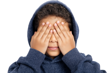 young person covers his eyes with his hands isolated on white transparent background
