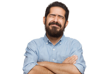 expressive man with beard showing displeased emotion isolated on white transparent background