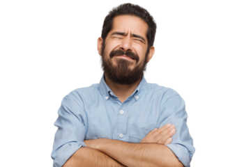 expressive man with beard showing displeased emotion isolated on white transparent background