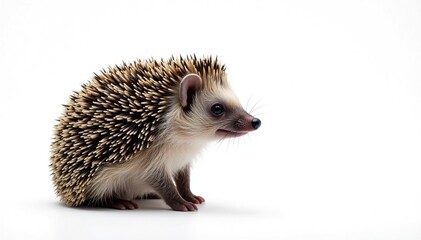 Obraz premium A lone hedgehog, facing right, against a bright white backdrop, background, fauna, spikes