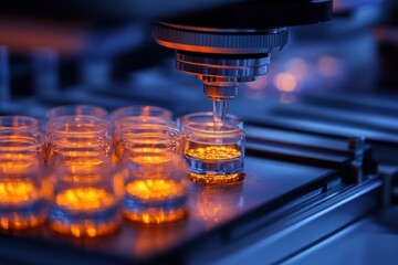 Obraz premium Microscope conducting analysis on samples in laboratory during evening hours