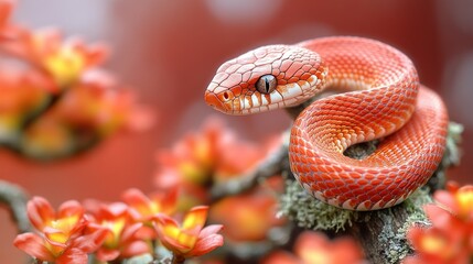 Fototapeta premium Red snake coiled on a branch among blossoms