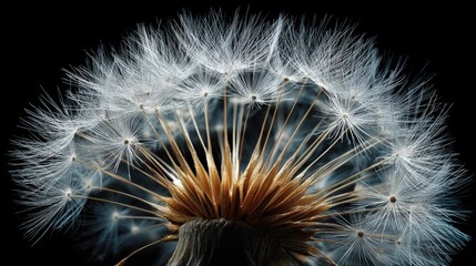 Close up Detailed Image of a Dandelion Seed Head with White Seeds on a Black Background A Nature Macro