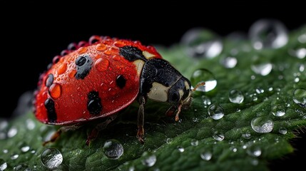 Obraz premium A Detailed Close Up of a Ladybug Covered in Dew Drops on a Green Leaf