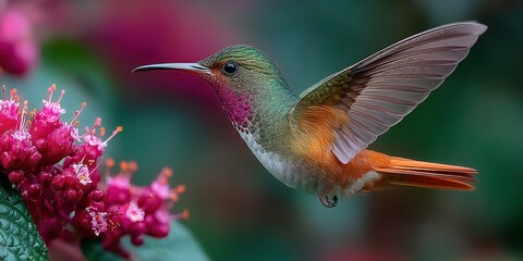 Fototapeta premium Colorful hummingbird hovering near vibrant pink flowers in a garden during daytime