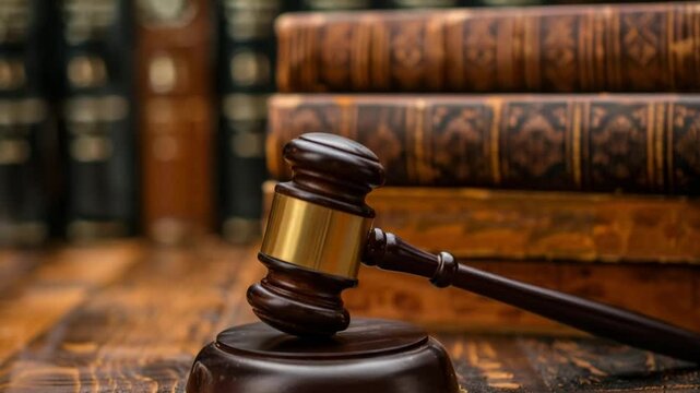 Lawyer's gavel resting on wooden table with law books in background