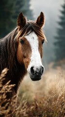 Obraz premium Horse gazing calmly in a misty forest landscape during early morning hours