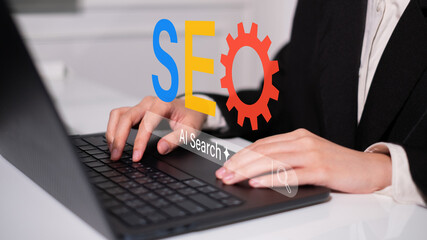 Businessman working SEO search engine optimization web cyberspace marketing strategy technology data combine with ai artificial intelligence concept website content traffic computer research keyword