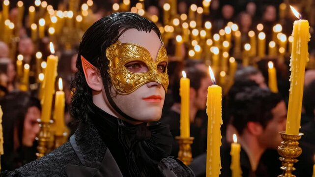 Glowing candle party with masked elf ear costume in dark elegant festive event