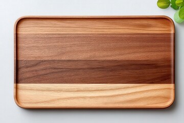 Rectangular wooden serving tray with striped wood grain on a light surface and a small green plant in the corner.