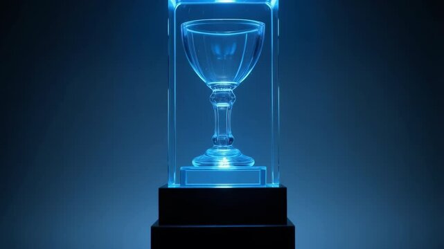 Illuminated Glass Trophy Award in Modern Display Case Blue Light Achievement Success