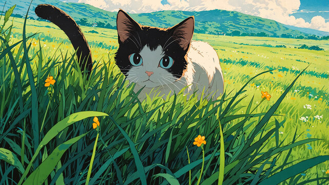 Cute kitten sitting in the meadow in spring with flower