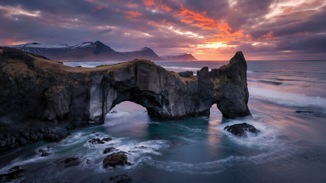 A dramatic landscape photograph of Hellnar arch in
Iceland at dusk. The arch is carved into dark volcanic rock with a smooth, weathered surface.