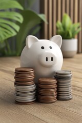 Simple white piggy bank with stacked coins, illustrating financial discipline - discipline concept studio
