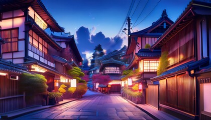 Serene Twilight in Japan Illuminated Streets, Traditional Houses, Night View